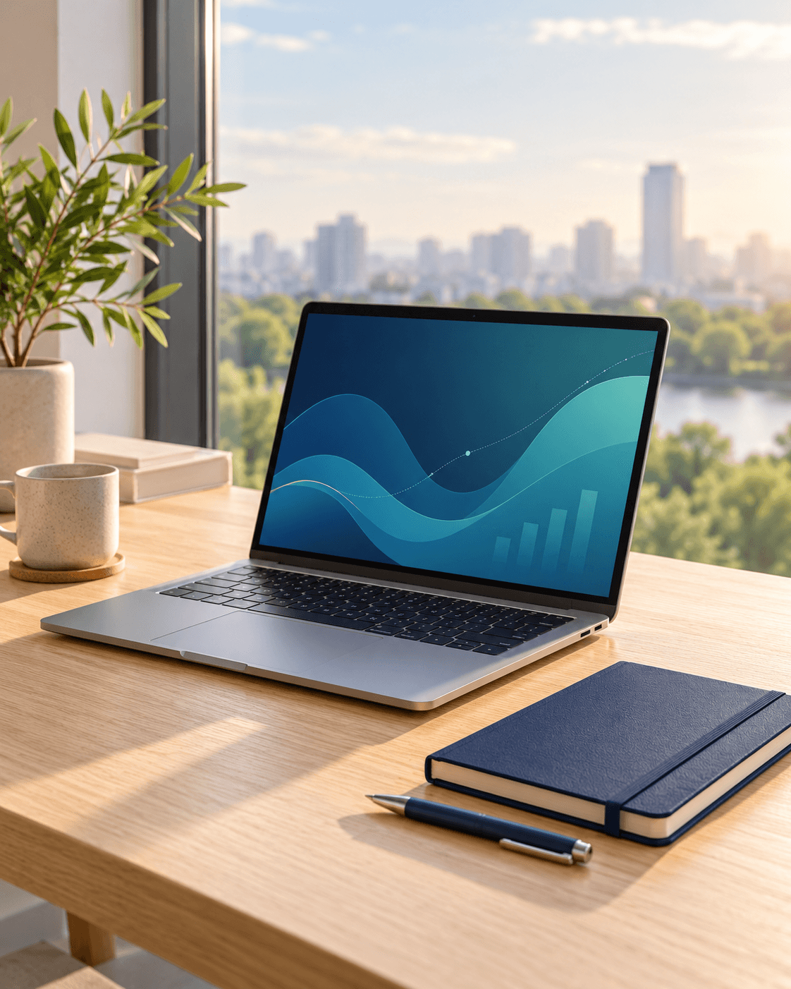 Meja kerja dengan laptop dan notebook di dekat jendela